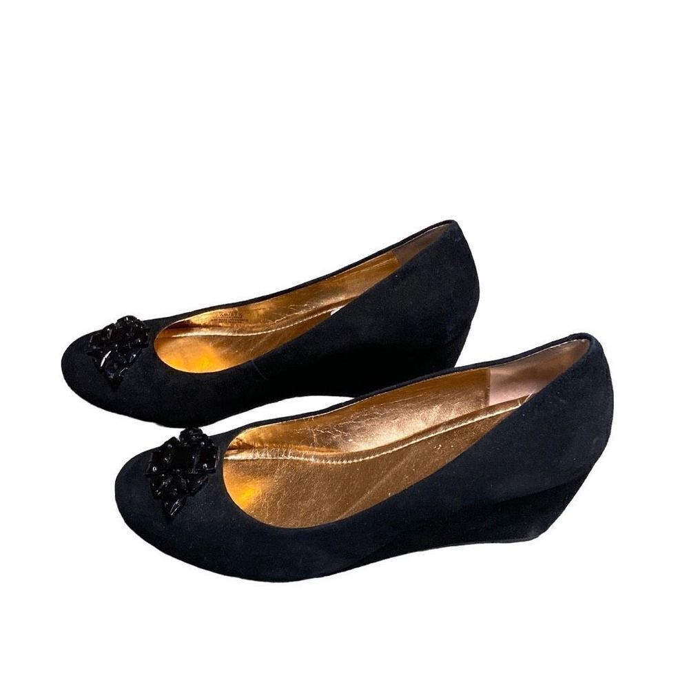 BCBG Black Suede Jeweled Wedge Size 7.5